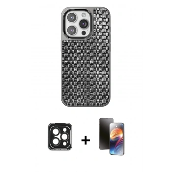MARSİLYAN™- iPhone 15 Pro Max Kılıf Siluet Form Serisi - Siyah 3D Antistatik Mat Seramik Nano Ekran Koruyucu + PVD Metal Kamera Lens - SH
