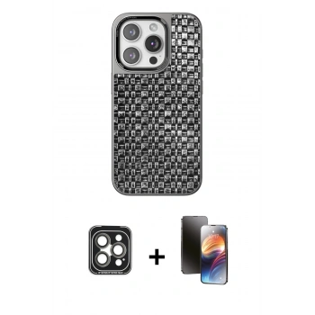 MARSİLYAN™- iPhone 15 Pro Max Kılıf Siluet Form Serisi - Siyah 3D Antistatik Mat Seramik Nano Ekran Koruyucu + PVD Metal Kamera Lens - GI