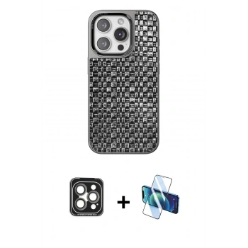 MARSİLYAN™- iPhone 15 Pro Max Kılıf Siluet Form Serisi - Siyah 3D Antistatik Seramik Nano Ekran Koruyucu + PVD Metal Kamera Lens - GI
