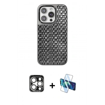 MARSİLYAN™- iPhone 15 Pro Max Kılıf Siluet Form Serisi - Siyah 3D Antistatik Seramik Nano Ekran Koruyucu + PVD Metal Kamera Lens - GS