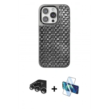 MARSİLYAN™- iPhone 15 Pro Max Kılıf Siluet Form Serisi - Siyah 3D Antistatik Seramik Nano Ekran Koruyucu + Raze Metal Kamera Lens - GS