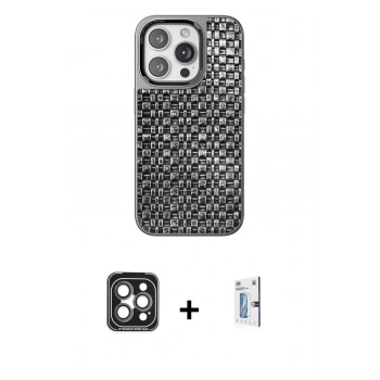 MARSİLYAN™- iPhone 15 Pro Max Kılıf Siluet Form Serisi - Siyah Bilvis 0.18mm Plus Cam Ekran Koruyucu + PVD Metal Kamera Lens - GI