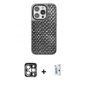 MARSİLYAN™- iPhone 15 Pro Max Kılıf Siluet Form Serisi - Siyah Bilvis 0.18mm Plus Cam Ekran Koruyucu + PVD Metal Kamera Lens - GS