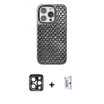 MARSİLYAN™- iPhone 15 Pro Max Kılıf Siluet Form Serisi - Siyah Bilvis 0.18mm Plus Cam Ekran Koruyucu + PVD Metal Kamera Lens - LT