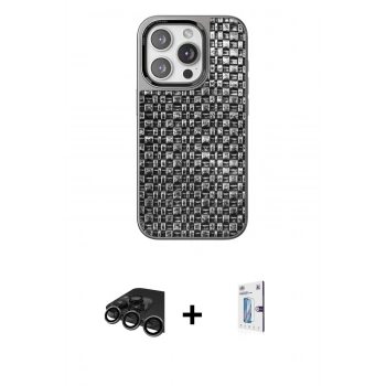 MARSİLYAN™- iPhone 15 Pro Max Kılıf Siluet Form Serisi - Siyah Bilvis 0.18mm Plus Cam Ekran Koruyucu + Raze Metal Kamera Lens - TMGI
