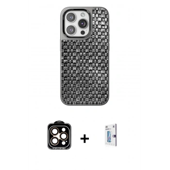 MARSİLYAN™- iPhone 15 Pro Max Kılıf Siluet Form Serisi - Siyah Bilvis 0.18mm Plus Cam Ekran Koruyucu + PVD Metal Kamera Lens - TU