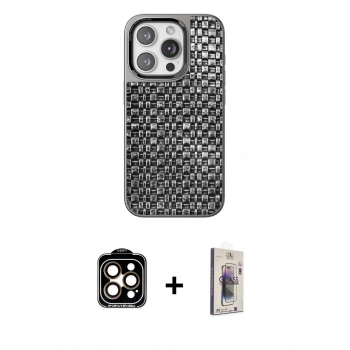 MARSİLYAN™- iPhone 15 Pro Max Kılıf Siluet Form Serisi - Siyah Bilvis 3D Cam Ekran Koruyucu + PVD Metal Kamera Lens - TU
