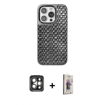 MARSİLYAN™- iPhone 15 Pro Max Kılıf Siluet Form Serisi - Siyah Bilvis 3D Cam Ekran Koruyucu + PVD Metal Kamera Lens - GI