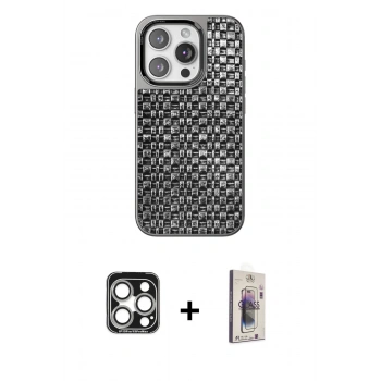 MARSİLYAN™- iPhone 15 Pro Max Kılıf Siluet Form Serisi - Siyah Bilvis 3D Cam Ekran Koruyucu + PVD Metal Kamera Lens - GS