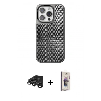 MARSİLYAN™- iPhone 15 Pro Max Kılıf Siluet Form Serisi - Siyah Bilvis 3D Cam Ekran Koruyucu + Raze Metal Kamera Lens - TMGI