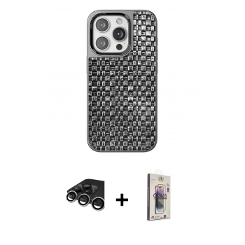 MARSİLYAN™- iPhone 15 Pro Max Kılıf Siluet Form Serisi - Siyah Bilvis 3D Cam Ekran Koruyucu + Raze Metal Kamera Lens - GS