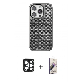 MARSİLYAN™- iPhone 15 Pro Max Kılıf Siluet Form Serisi - Siyah Bilvis 3D Mat Cam Ekran Koruyucu + PVD Metal Kamera Lens - LT