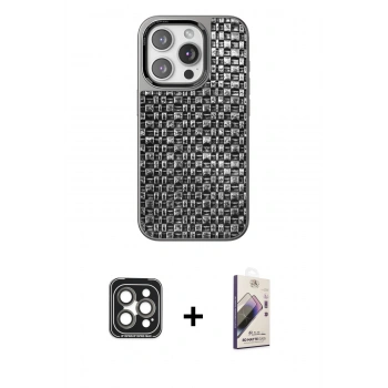 MARSİLYAN™- iPhone 15 Pro Max Kılıf Siluet Form Serisi - Siyah Bilvis 3D Mat Cam Ekran Koruyucu + PVD Metal Kamera Lens - GI