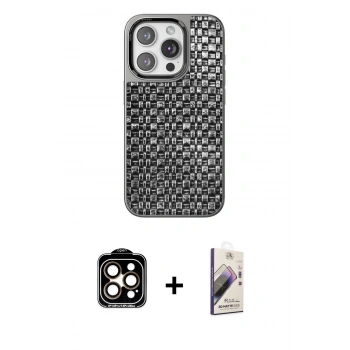 MARSİLYAN™- iPhone 15 Pro Max Kılıf Siluet Form Serisi - Siyah Bilvis 3D Mat Cam Ekran Koruyucu + PVD Metal Kamera Lens - TU