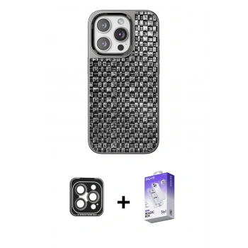 MARSİLYAN™- iPhone 15 Pro Max Kılıf Siluet Form Serisi - Siyah Bilvis 5in1 3D Magic Cam Ekran Koruyucu + PVD Metal Kamera Lens - GI