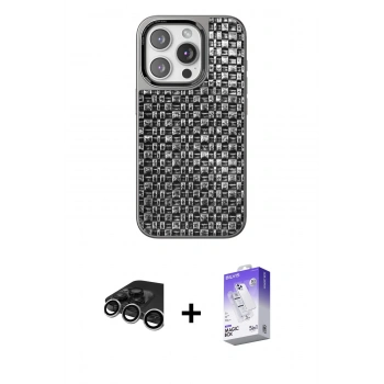 MARSİLYAN™- iPhone 15 Pro Max Kılıf Siluet Form Serisi - Siyah Bilvis 5in1 3D Magic Cam Ekran Koruyucu + Raze Metal Kamera Lens - GS