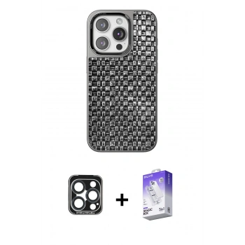 MARSİLYAN™- iPhone 15 Pro Max Kılıf Siluet Form Serisi - Siyah Bilvis 5in1 3D Magic Cam Ekran Koruyucu + PVD Metal Kamera Lens - LT
