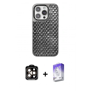 MARSİLYAN™- iPhone 15 Pro Max Kılıf Siluet Form Serisi - Siyah Bilvis 5in1 3D Magic Cam Ekran Koruyucu + PVD Metal Kamera Lens - TU