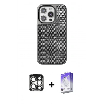 MARSİLYAN™- iPhone 15 Pro Max Kılıf Siluet Form Serisi - Siyah Bilvis 5in1 3D Magic Cam Ekran Koruyucu + PVD Metal Kamera Lens - GS