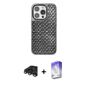 MARSİLYAN™- iPhone 15 Pro Max Kılıf Siluet Form Serisi - Siyah Bilvis 5in1 3D Magic Cam Ekran Koruyucu + Raze Metal Kamera Lens - TMGI