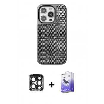 MARSİLYAN™- iPhone 15 Pro Max Kılıf Siluet Form Serisi - Siyah Bilvis 5in1 5D Magic Hayalet Cam Ekran Koruyucu + PVD Metal Kamera Lens - LT