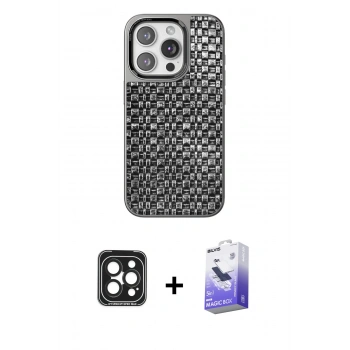 MARSİLYAN™- iPhone 15 Pro Max Kılıf Siluet Form Serisi - Siyah Bilvis 5in1 5D Magic Hayalet Cam Ekran Koruyucu + PVD Metal Kamera Lens - SH