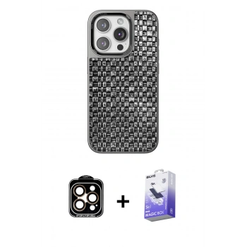 MARSİLYAN™- iPhone 15 Pro Max Kılıf Siluet Form Serisi - Siyah Bilvis 5in1 5D Magic Hayalet Cam Ekran Koruyucu + PVD Metal Kamera Lens - TU