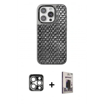 MARSİLYAN™- iPhone 15 Pro Max Kılıf Siluet Form Serisi - Siyah Bilvis Hayalet Cam Ekran Koruyucu + PVD Metal Kamera Lens - GS