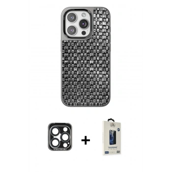 MARSİLYAN™- iPhone 15 Pro Max Kılıf Siluet Form Serisi - Siyah Bilvis Hayalet Cam Ekran Koruyucu + PVD Metal Kamera Lens - LT