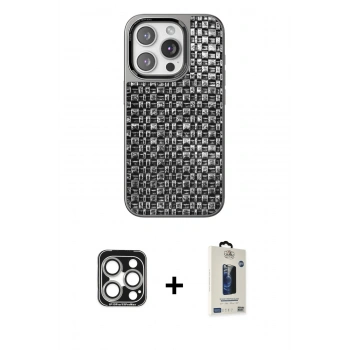 MARSİLYAN™- iPhone 15 Pro Max Kılıf Siluet Form Serisi - Siyah Bilvis Hayalet Cam Ekran Koruyucu + PVD Metal Kamera Lens - GS