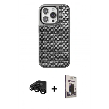 MARSİLYAN™- iPhone 15 Pro Max Kılıf Siluet Form Serisi - Siyah Bilvis Hayalet Cam Ekran Koruyucu + Raze Metal Kamera Lens - SH