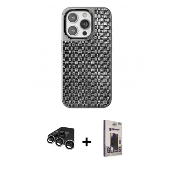 MARSİLYAN™- iPhone 15 Pro Max Kılıf Siluet Form Serisi - Siyah Bilvis Hayalet Cam Ekran Koruyucu + Raze Metal Kamera Lens - GS