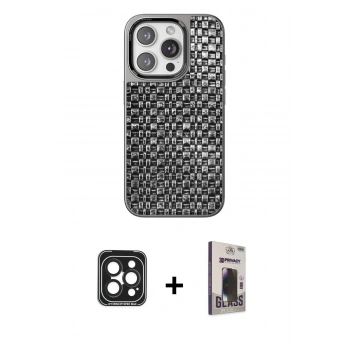 MARSİLYAN™- iPhone 15 Pro Max Kılıf Siluet Form Serisi - Siyah Bilvis Hayalet Cam Ekran Koruyucu + PVD Metal Kamera Lens - SH