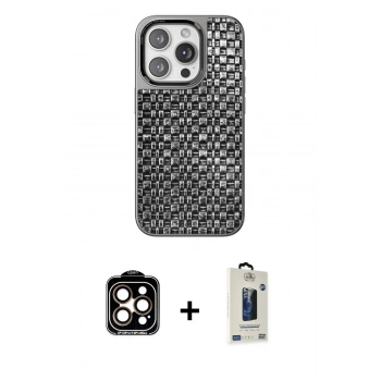 MARSİLYAN™- iPhone 15 Pro Max Kılıf Siluet Form Serisi - Siyah Bilvis Hayalet Cam Ekran Koruyucu + PVD Metal Kamera Lens - TU