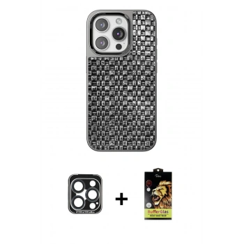 MARSİLYAN™- iPhone 15 Pro Max Kılıf Siluet Form Serisi - Siyah Buffer Cam Ekran Koruyucu + PVD Metal Kamera Lens - LT