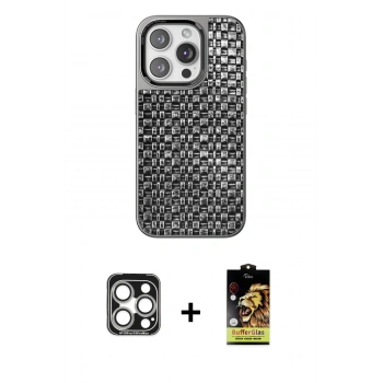 MARSİLYAN™- iPhone 15 Pro Max Kılıf Siluet Form Serisi - Siyah Buffer Cam Ekran Koruyucu + PVD Metal Kamera Lens - GS