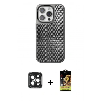 MARSİLYAN™- iPhone 15 Pro Max Kılıf Siluet Form Serisi - Siyah Buffer Cam Ekran Koruyucu + PVD Metal Kamera Lens - SH