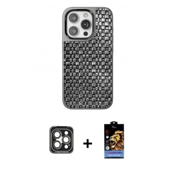 MARSİLYAN™- iPhone 15 Pro Max Kılıf Siluet Form Serisi - Siyah Buffer Hayalet Cam Ekran Koruyucu + PVD Metal Kamera Lens - GI