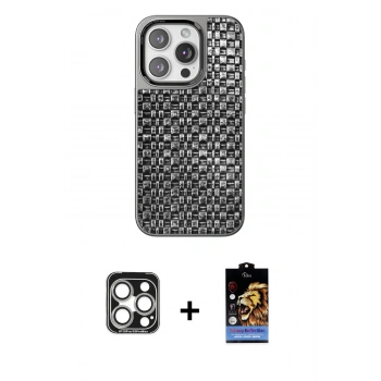 MARSİLYAN™- iPhone 15 Pro Max Kılıf Siluet Form Serisi - Siyah Buffer Hayalet Cam Ekran Koruyucu + PVD Metal Kamera Lens - GS