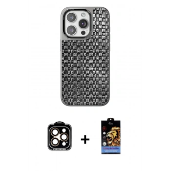 MARSİLYAN™- iPhone 15 Pro Max Kılıf Siluet Form Serisi - Siyah Buffer Hayalet Cam Ekran Koruyucu + PVD Metal Kamera Lens - TU