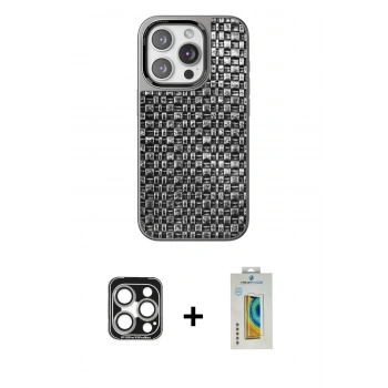 MARSİLYAN™- iPhone 15 Pro Max Kılıf Siluet Form Serisi - Siyah Polymer Nano Ekran Koruyucu + PVD Metal Kamera Lens - GS