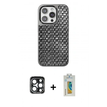MARSİLYAN™- iPhone 15 Pro Max Kılıf Siluet Form Serisi - Siyah Polymer Nano Ekran Koruyucu + PVD Metal Kamera Lens - LT
