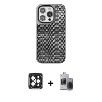 MARSİLYAN™- iPhone 15 Pro Max Kılıf Siluet Form Serisi - Siyah Vanessa Magic Hayalet Cam + PVD Metal Kamera Lens - SH