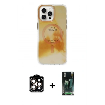 MARSİLYAN™- iPhone 15 Pro Max Kılıf Ufuk Doku Prime - Şeffaf 360 Full Body Arka Koruyucu + PVD Metal Kamera Lens - TU