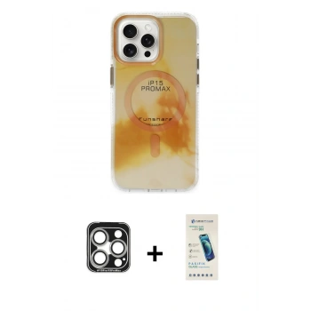 MARSİLYAN™- iPhone 15 Pro Max Kılıf Ufuk Doku Prime - Şeffaf Pasifik Cam Ekran Koruyucu + PVD Metal Kamera Lens - GS