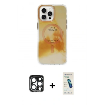 MARSİLYAN™- iPhone 15 Pro Max Kılıf Ufuk Doku Prime - Şeffaf Pasifik Cam Ekran Koruyucu + PVD Metal Kamera Lens - LT