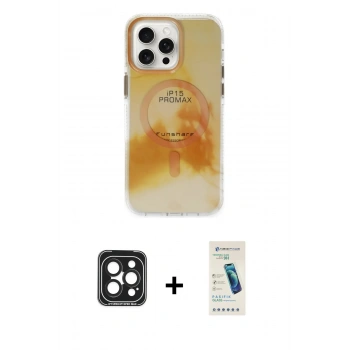 MARSİLYAN™- iPhone 15 Pro Max Kılıf Ufuk Doku Prime - Şeffaf Pasifik Cam Ekran Koruyucu + PVD Metal Kamera Lens - SH