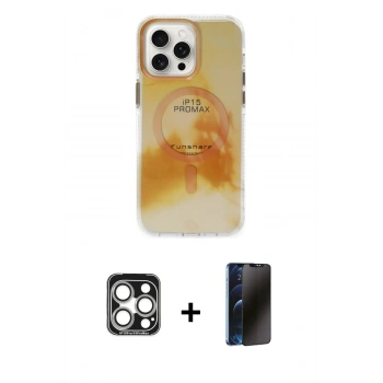 MARSİLYAN™- iPhone 15 Pro Max Kılıf Ufuk Doku Prime - Siyah 3D Antistatik Hayalet Cam Ekran Koruyucu + PVD Metal Kamera Lens - GS