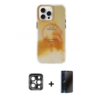 MARSİLYAN™- iPhone 15 Pro Max Kılıf Ufuk Doku Prime - Siyah 3D Antistatik Hayalet Cam Ekran Koruyucu + PVD Metal Kamera Lens - LT