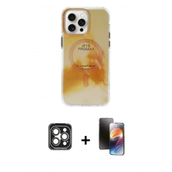 MARSİLYAN™- iPhone 15 Pro Max Kılıf Ufuk Doku Prime - Siyah 3D Antistatik Mat Seramik Nano Ekran Koruyucu + PVD Metal Kamera Lens - GI